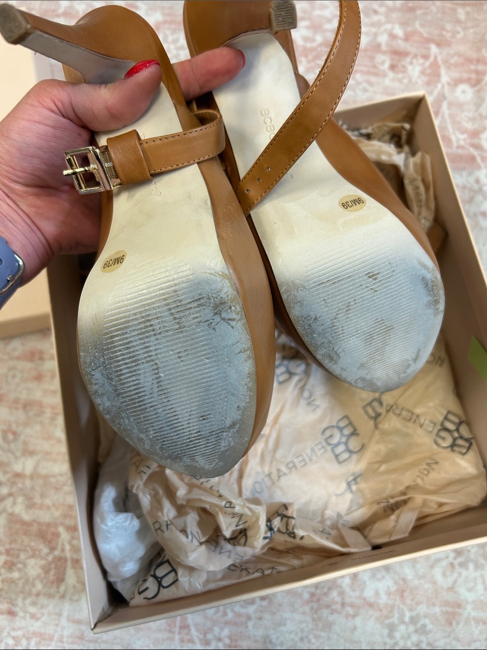 EUC BCBGeneration Caramel Tan Leather Peep-Toe Platform Ankle-Strap Stiletto - Picture 4 of 7